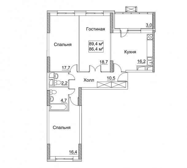 Трёхкомнатная квартира 89.4 м²