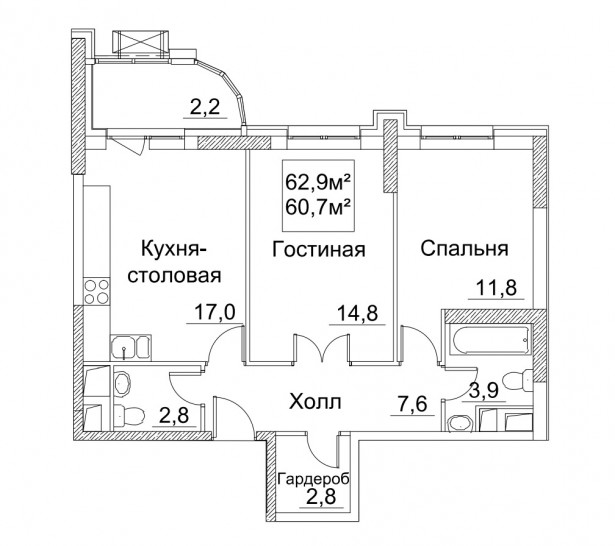 Двухкомнатная квартира 62.9 м²