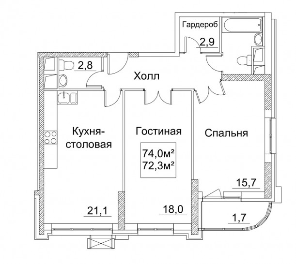 Двухкомнатная квартира 74 м²