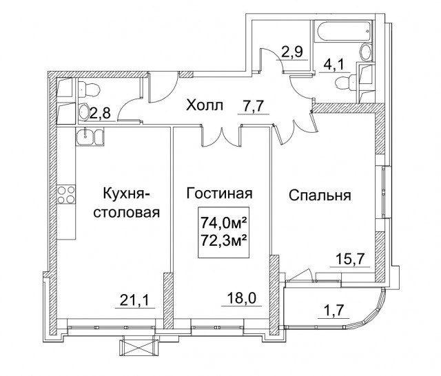 Двухкомнатная квартира 74 м²
