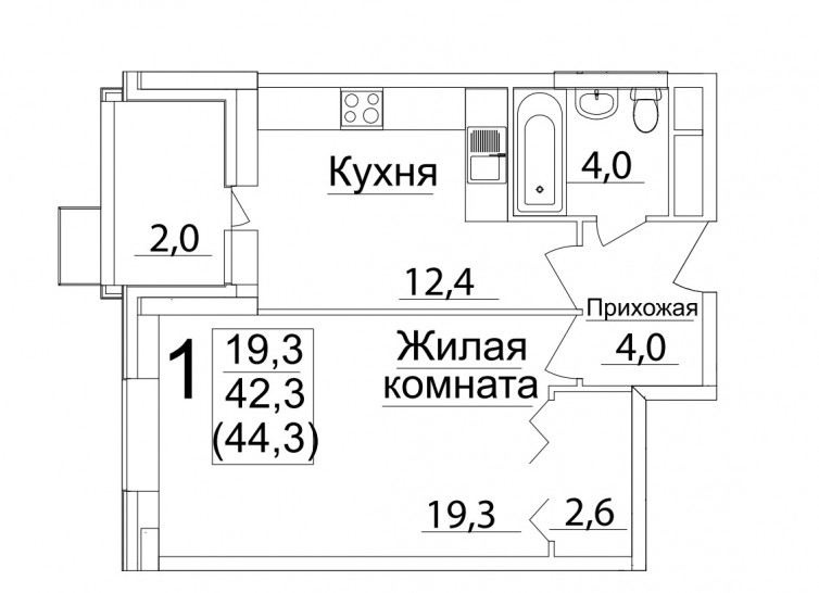 Однокомнатная квартира 44.3 м²