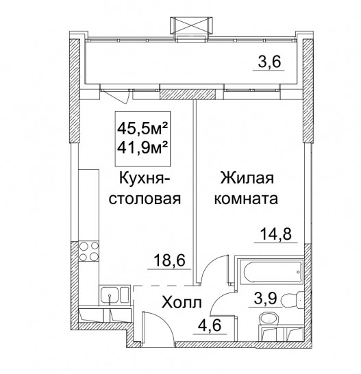 Однокомнатная квартира 45.5 м²