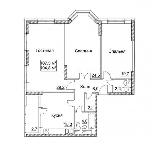 Трёхкомнатная квартира 107.5 м²