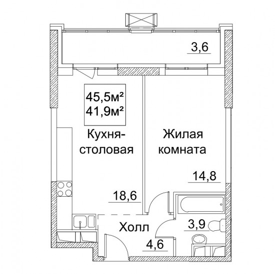 Однокомнатная квартира 45.5 м²