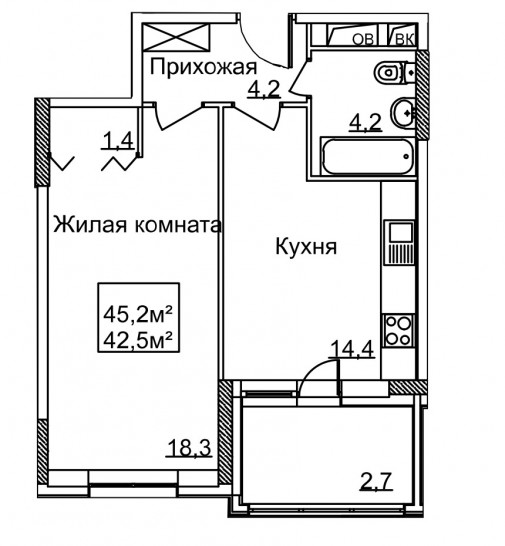 Однокомнатная квартира 45.2 м²