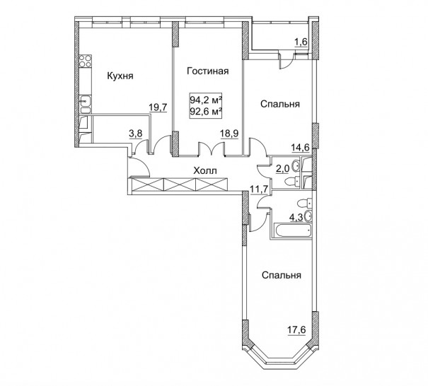 Трёхкомнатная квартира 94.2 м²