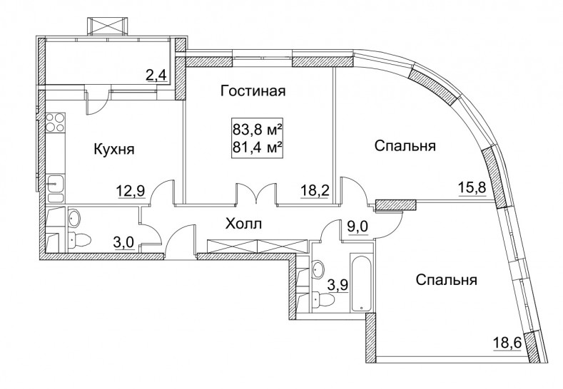 Трёхкомнатная квартира 83.8 м²