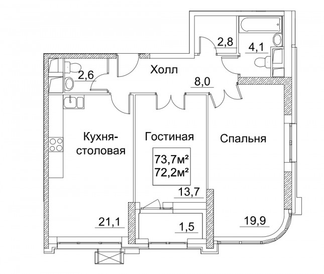 Двухкомнатная квартира 73.5 м²