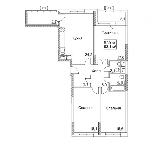 Трёхкомнатная квартира 97.9 м²