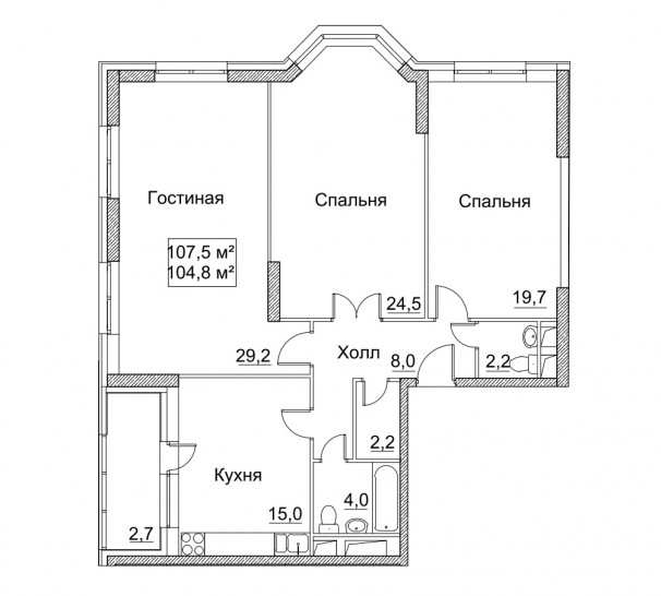 Трёхкомнатная квартира 107.5 м²