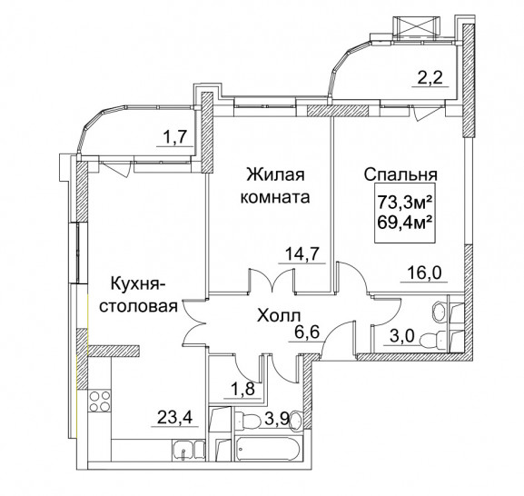 Двухкомнатная квартира 73.3 м²