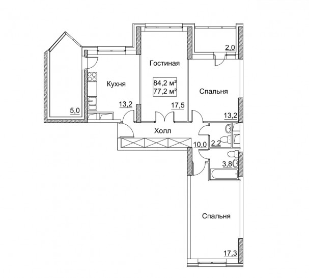 Трёхкомнатная квартира 84.2 м²