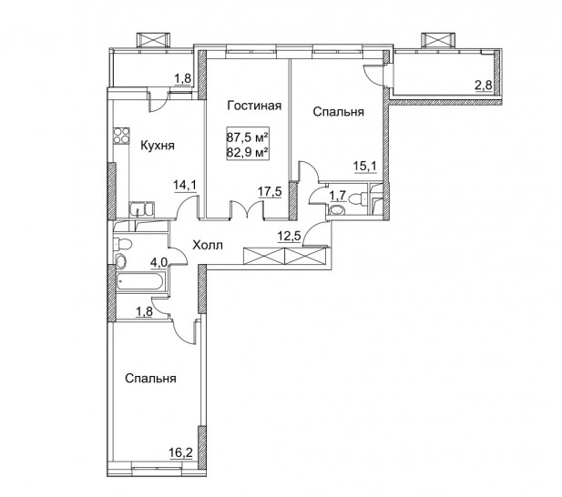 Трёхкомнатная квартира 87.5 м²