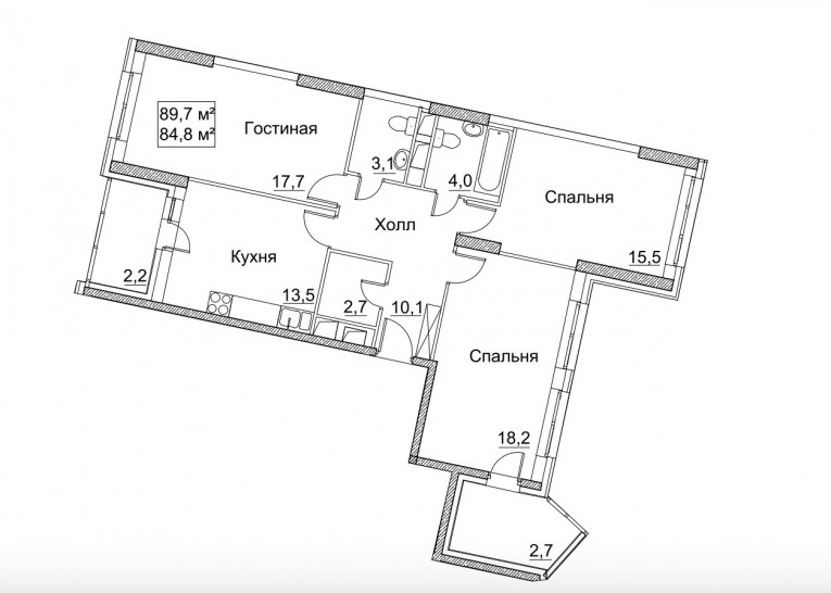 Трёхкомнатная квартира 89.7 м²