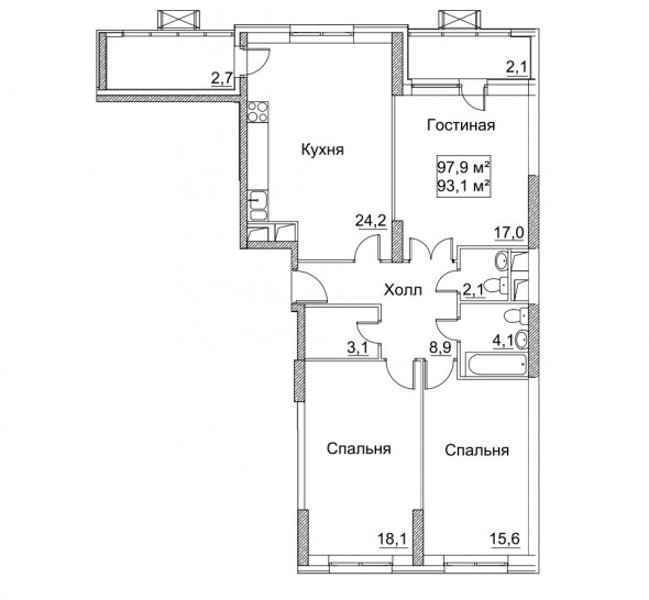 Трёхкомнатная квартира 97.9 м²