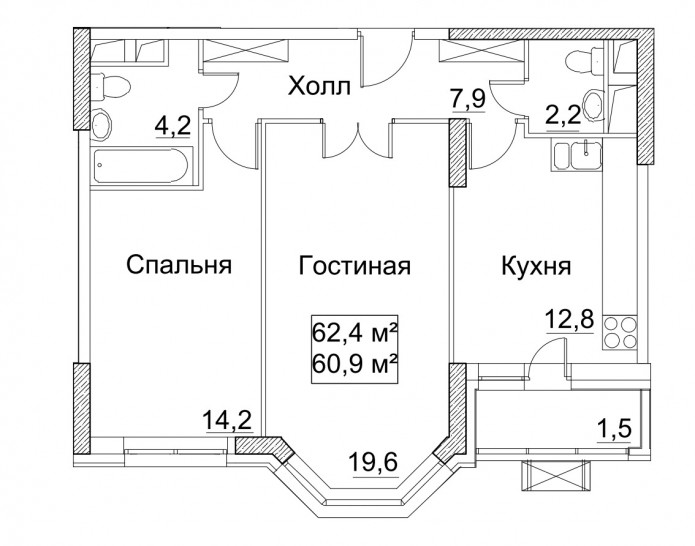 Двухкомнатная квартира 62.4 м²