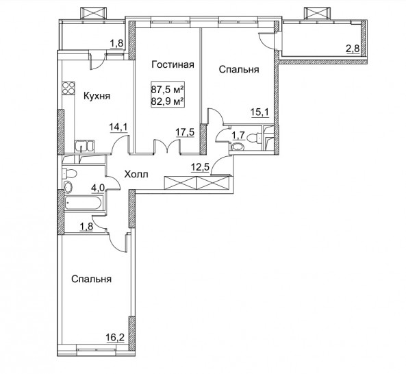 Трёхкомнатная квартира 87.5 м²