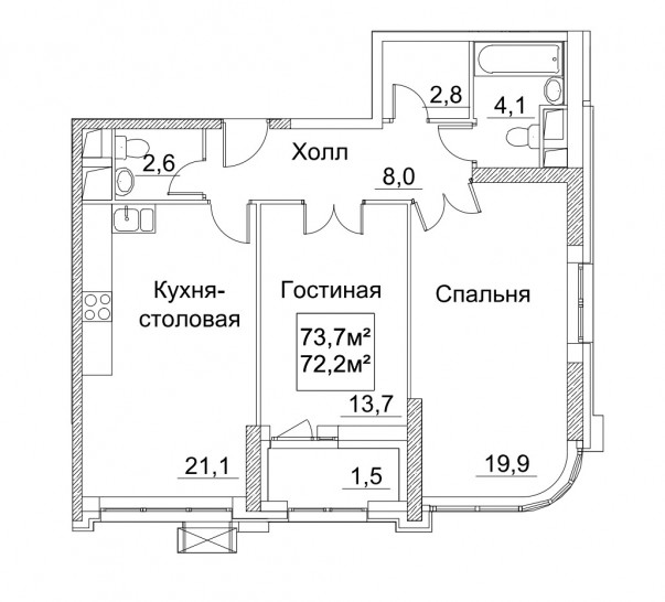 Двухкомнатная квартира 73.5 м²