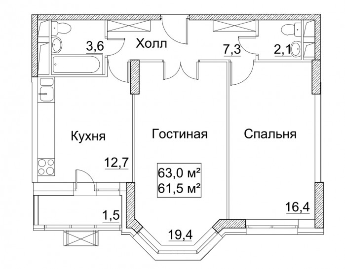 Двухкомнатная квартира 63 м²
