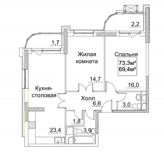 Двухкомнатная квартира 73.3 м²