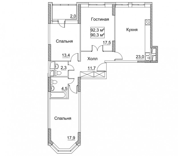 Трёхкомнатная квартира 92.3 м²
