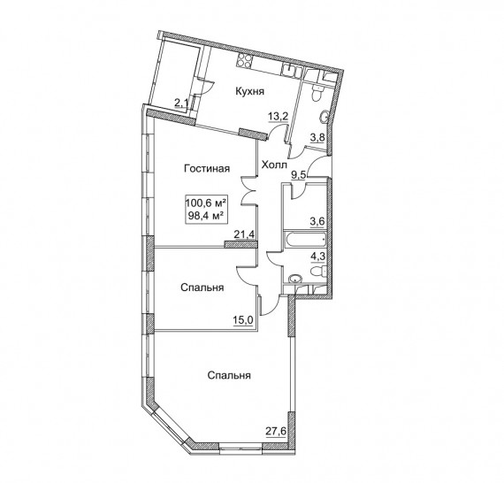 Трёхкомнатная квартира 100.6 м²