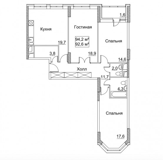 Трёхкомнатная квартира 94.2 м²