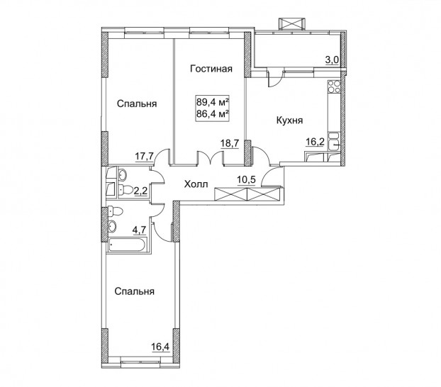 Трёхкомнатная квартира 89.4 м²
