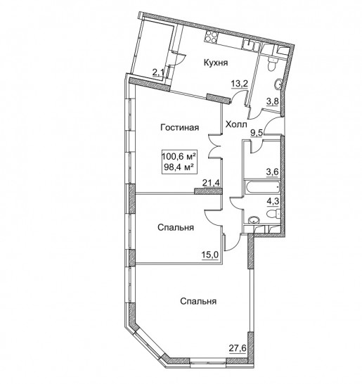 Трёхкомнатная квартира 100.6 м²