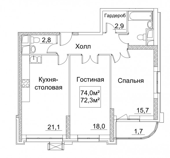 Двухкомнатная квартира 74 м²