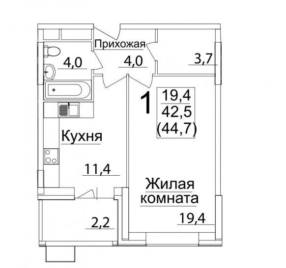 Однокомнатная квартира 44.5 м²