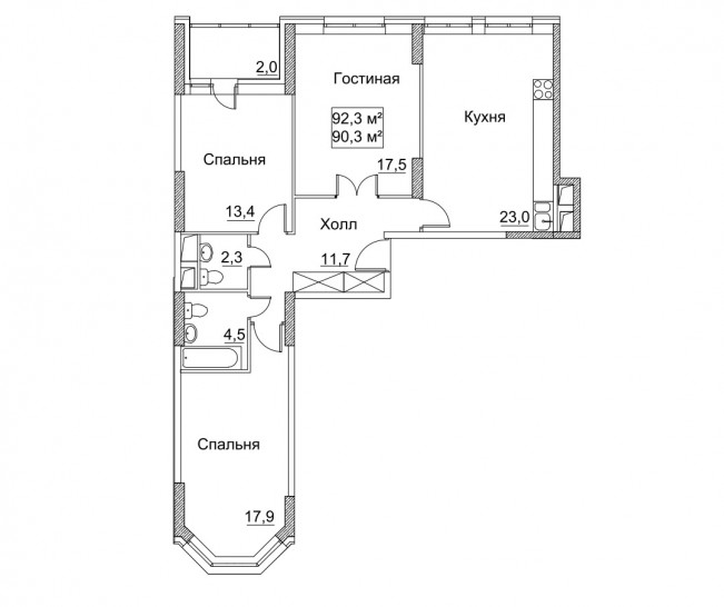 Трёхкомнатная квартира 92.3 м²